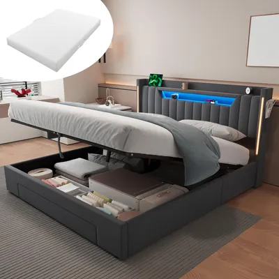 Produktbild von okwish Polsterbett 160×200 mit Matratze und Seitentaschen, Jugendbett mit Schubladen und LED, Funktionsbett mit Bettkasten,Grau