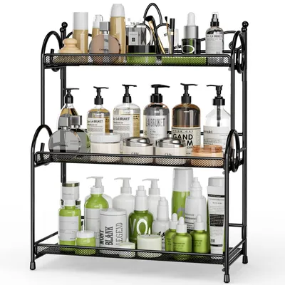 Produktbild von Küchen-Organizer für die Arbeitsplatte – 3 Ebenen, faltbar, für Badezimmer, zum Organisieren und Aufbewahren von Gewürzen und Kosmetikartikeln, schwarz