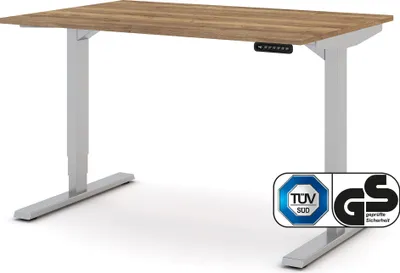 Produktbild von ASSMANN Elektrisch höhenverstellbarer Schreibtisch Y-Line Eiche Tabak Weißaluminium, 120x80cm, Memoryfunktion, Kollisionsschutz, 2-fach-Motorik