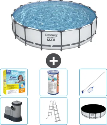 Produktbild von Bestway Round Steel Pro MAX Schwimmbad – 549 x 122 cm – Grau – inklusive Pumpe – Leiter – Abdeckung Wartungspaket - Filter - Reinigungskit