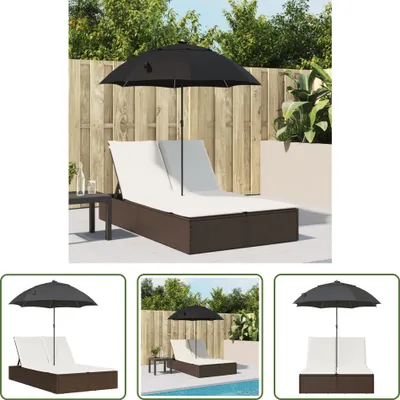 Produktbild von The Living Store Doppel-Sonnenliege mit Kissen & Sonnenschirm Braun Poly Rattan