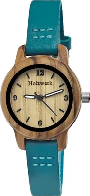 Produktbild von Holzwerk CLARA BLUE kleine Damen Holz Uhr mit Leder Armband, türkis blau, beige