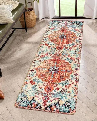 Zdjęcie produktu dla Dywany Unyqoos® 60 x 180 cm – dywan z motywem kwiatowym w stylu boho, imitujący orientalny wzór, antypoślizgowy, można prać, wykonany z imitacji wełny, o krótkim włosiu, idealny do przedpokoju i kuchni