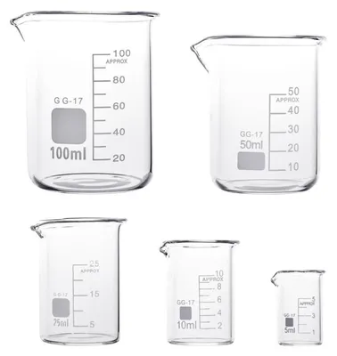 Image de Ensemble de 5 béchers en verre borosilicaté, contenances de 5 ml à 100 ml, résistants à la chaleur