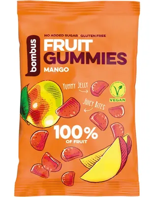 Obrázek produktu pro Bombus Fruit Gummies 35 g mango / Jiné zdravé potraviny / Šťavnaté, přirozeně sladké ovocné bonbóny bez přidaného cukru a želatiny