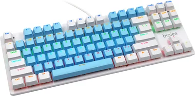 A white mechanical keyboard with blue and white keycaps and rainbow backlighting.