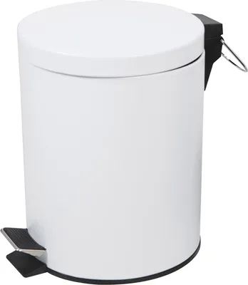 A white pedal bin with a silver handle on the lid.