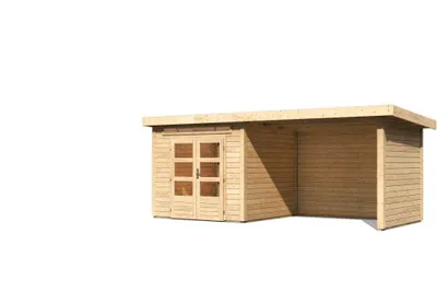 Produktbild von Gartenhaus Kandern 6 terragrau im Set mit Anbaudach 3,2 m Breite und 28 mm Seiten- und Rückwand