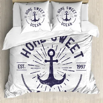 Produktbild von ABAKUHAUS Anker Bettbezug Set, Grunge Stil Ozean Inspiriertes Muster mit Beschriftung Nautisches Thema Design, 155 x 220 cm + 80 x 80 cm, Marineblau Weiß