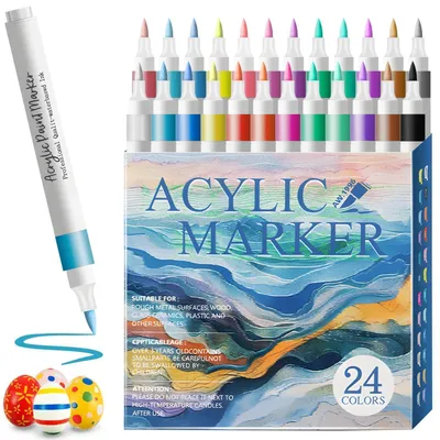 Zdjęcie produktu dla Markery akrylowe, 24 kolory, z końcówką pędzelkową, do malowania na płótnie, kamieniu, drewnie, szkle, ceramice i tkaninach