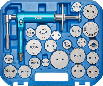 Produktbild von KRAFTPLUS K.211-1423 Universal Druckluft Bremskolbenrücksteller L/R Werkzeug Set - 23-tlg. Bremskolben-Rückstellwerkzeug-Satz Pmatik Druckluftspindel + 22 Adapter