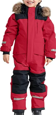 Produktbild von ASKSA Kinder Unisex Skianzug Verdickt Warm Skioverall Winter Skianzuege mit Kapuze Schneeoverall Wasserdicht Winddicht Winteranzug,Rot,Groesse:130