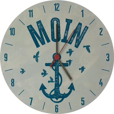 A round wall clock with a nautical theme, featuring an anchor and birds, and the word "Moin" prominently displayed.