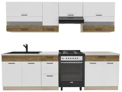 Productafbeelding van Keukenopstelling 270 cm - FAVORIT B PLUS - Wit hoogglans en Sonoma eikenhout - Met werkblad van travertin - Inbouwkeuken - Metalen lades - Eénpersoonskeuken