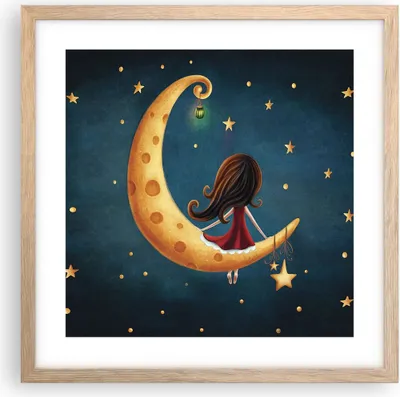Produktbild von Gerahmtes Poster - Rahmen in heller Eiche - Kinder Mädchen Mond - 40x40 cm - Wand Bild - Wanddeko - Wandbilder - Kunstposter - Wandposter - Bilderrahmen - Bilder - Kunstdruck - P2NAC40x40-4683