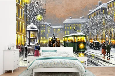 Produktbild von MuchoWow® Fototapete für Wohnzimmer oder Schlafzimmer Wandtapete Vinyl Motivtapete Gemälde - Ölgemälde - Winter - Straßenbahn - Pferd - 525x350 cm - Das Hintergrundbild