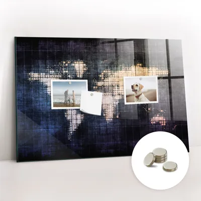 Obrázok produktu pre Magnetická tabuľa na stenu - Memo Tabuľa Sklenená - vrátane 5 magnetov - 60x40 cm - Abstraktná mapa sveta