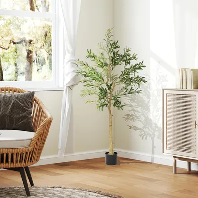 Produktbild von Sweiko Kunstpflanze, Künstlicher Olivenbaum, 150 cm, 720 Blätter, 40 Oliven, stabiler Blumentopf, Dekorationspflanze, Grün