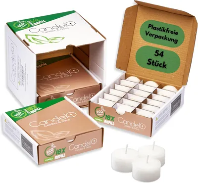 Produktbild von Set mit 54 Teelichtern, unbehandelte Wachs, ohne Hülle, Nachfüllwachs, Kerzen, Großpackung, Brenndauer: 6 Stunden, ohne Duft, plastikfrei, rußfrei