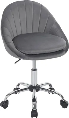 A gray velvet office chair with a shell-shaped back and five wheels at the base.