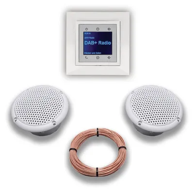 Produktbild von BERKER Unterputz DAB+ Radio 29848989 polarweiß glänzend mit 1fach Rahmen Berker + 2 x Feuchtraum / Badezimmer - Deckenlautsprecher Einbaulautsprecher + 20 Meter EBROM Lautsprecherkabel