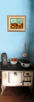 Produktbild von Küchen Kunstdruck Bild - Meine Gemütliche Landhausküche Mit Nostalgie Herd (158 x 53 cm)