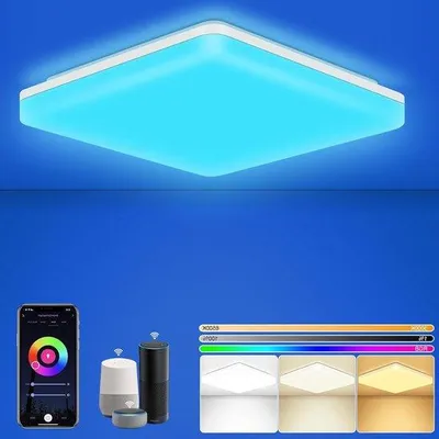 Image de Plafonnier RGB à intensité variable avec changement de couleur, 15 W, 1 500 lm, IP54, compatible avec Alexa et une application, Wi-Fi, télécommande