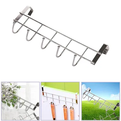 Collage of images showing an over-the-door hook rack.