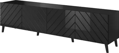 A black TV lowboard with a chevron pattern on the doors, shown against a white background.