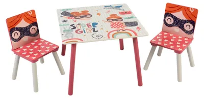 Immagine prodotto di Tavolo in legno per bambini con 2 sedie, set ideale per imparare, giocare, disegnare e mangiare, bianco e rosa – SUPER GIRL
