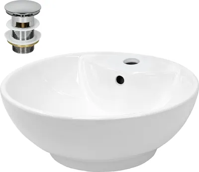 Produktbild von LuxeBath Waschbecken Aufsatzwaschbecken Rund, Ø 45,5x18,5 cm, Weiß, aus Keramik, inkl. Ablaufgarnitur mit Überlauf