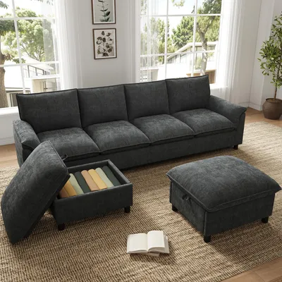 Produktbild von okwish U-förmiges Sofa mit zwei beweglichen Fußhockern, Ecksofa mit Stauraum, Wohnzimmersofa,hohe Rückenlehne,Schwarz