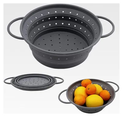 Produktbild von Faltbares Nudelsieb 21 cm Silikon Abtropfsieb Grau mit Griffen Hitzebeständig Spülmaschinenfest für Küche und Camping