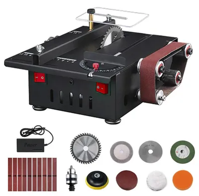 Produktbild von Tischkreissäge mit Bandschleifer - Mini Tischsäge für Heimwerker - Elektrische Modellbausäge - Kompaktes Schleif- und Schärfwerkzeug - Schwarz