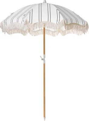 Produktbild von BELIANI Sonnenschirm Weiß u. Schwarz Stoff-Bespannung Rund ⌀ 150 cm mit Volant Regenschutz Holzmast Neigungsfunktion Kurbel Boho Garten Outdoor Balkon