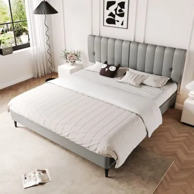 Productafbeelding van AIORBER Gestoffeerd bed, 140 x 200 cm, bed met lattenbodem, afneembare rugleuning met rits, Polyurethanmateriaal, juniorbed, geschikt voor jongeren en volwassenen, grijs
