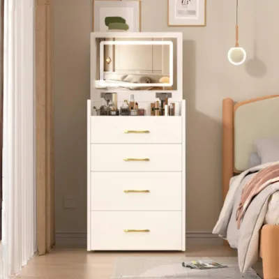 Produktbild von 3-in-1-Schminktisch mit offenem Spiegel, kleines Schminktisch-Set mit Tischplatte aus Klarglas, kompakter Schminktisch mit 3 Schubladen,Maße:B60/H118/