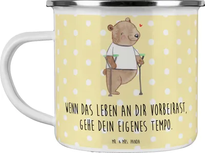 Produktbild von Mr. & Mrs. Panda Haferl Bär Beinamputation - Gelb Pastell - Geschenk, Pott, Emaille Tasse, Teetasse, becher, Amputation, Motivtasse