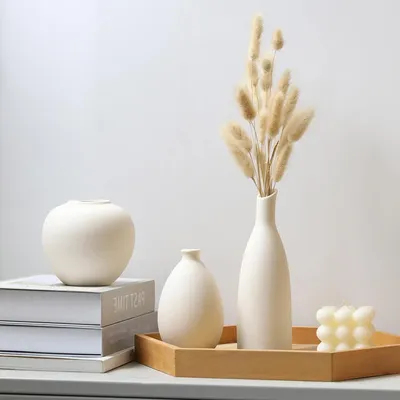 Productafbeelding van Keramische Vazen Set - Decoratie Vazen - Woonkamer Decoratie - Moderne Matte Textuur - 3 Stuks - Beige