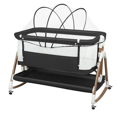 Produktbild von 3 in 1 Beistellbett,Babywiege,Reisebett Baby mit Matratze,6-stufig Höhenverstellbares Babybett, neigbar,für Baby bis 12 Monaten 90x60x90-115cm Schwarz