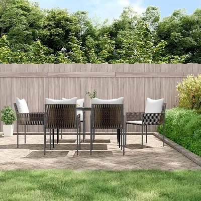 Productafbeelding van Set van 6 tuinstoelen, bruin polyrotan, 54x61x83 cm, met crème witte kussens, geschikt voor terras, balkon of eetruimte, draagvermogen 110 kg