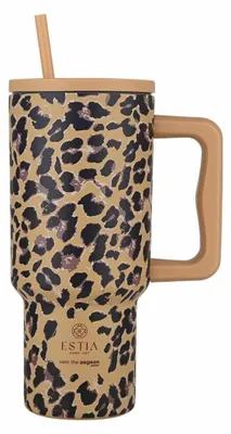 Obrázek produktu pro Estia | Termoska – hrnek – 900 ml – hnědý – z nerezové oceli – izolovaný hrnek se slámkou – leopardí vzor