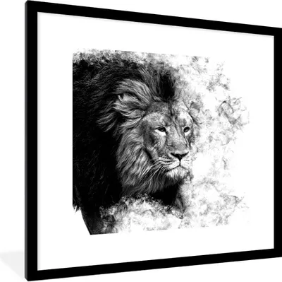 Produktbild von MuchoWow® Gerahmtes Poster Löwe - Rauch - Tiere - Schwarz - Weiß 40x40 cm - Poster mit Schwarzem Bilderrahmen Wandposter Rahmen Foto Bilder - Poster - Plakat im Rahmen