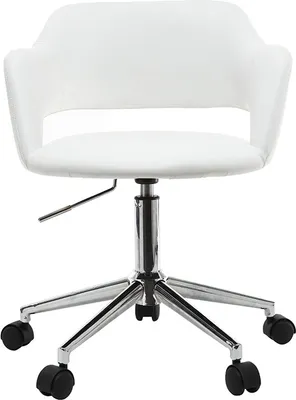 A white office chair with a chrome base and wheels.
