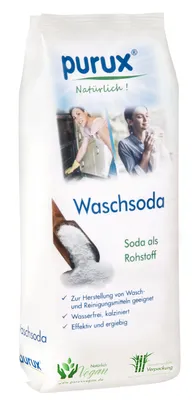 A bag of washing soda with images of people and product information.
