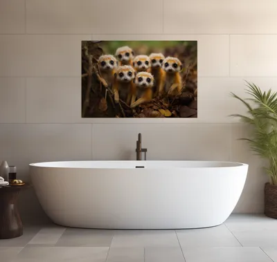 Produktbild von Wallario wasserfestes Poster selbstklebend 91,50 x 61 cm, Neugierige Erdmännchen, Badezimmerposter Spritzschutz mit Hochglanzoberfläche in Glasoptik