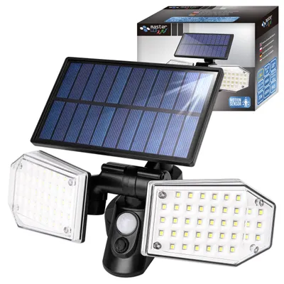 A solar-powered LED floodlight with a motion sensor is shown in front of its packaging.