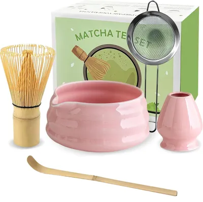 Produktbild von Matcha Set, Japanisches Matcha Set, 5-Teiliges Matcha Besen Set, Bambus Matcha Whisk, Matcha Schale mit Auslauf, Sieb, Löffel, für Matcha-Liebhaber