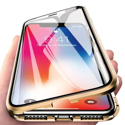 Image de coque iPhone X, coque en verre trempé avec adsorption magnétique, cadre en métal, coque de protection complète pour iPhone X Or