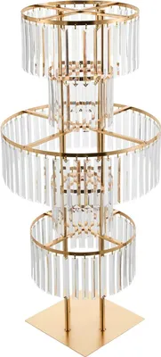 Immagine prodotto di Portafiori per matrimoni - Supporto per decorazioni da tavola - 5 ripiani, forma rotonda - Ferro e acrilico - Altezza 110 cm - Base quadrata 30×30 cm - Trasparente